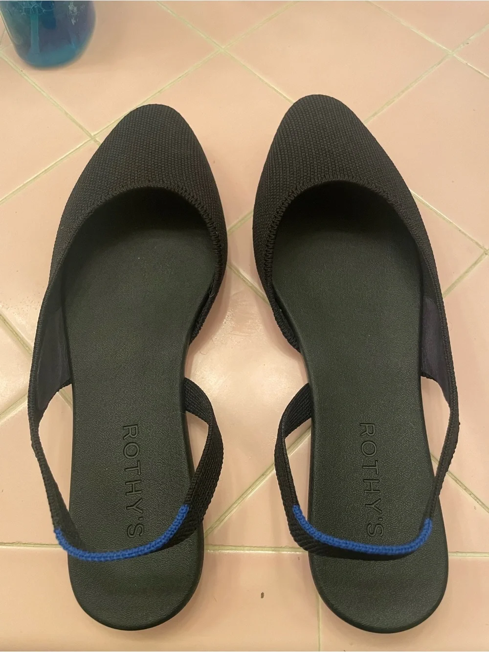 Rothy's Almond Slingback Flats in Black with Blue Heel Accent